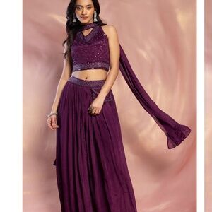 Dark Purple Palazzo Set With Embellished Blouse And Choker Dupatta XL